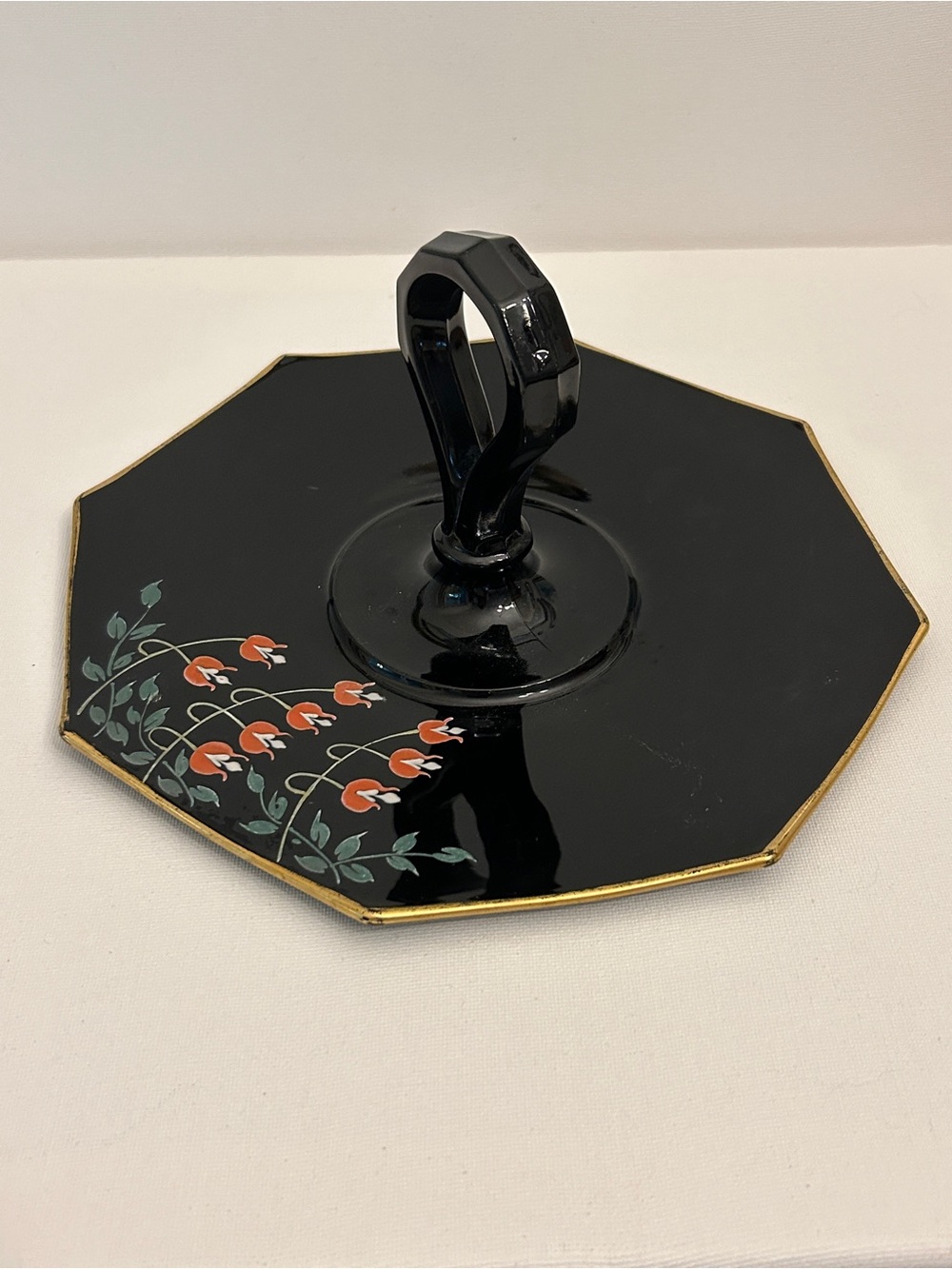 Vintage Black Octagonal Jewelry Tray with Floral Handled Center 1930”s